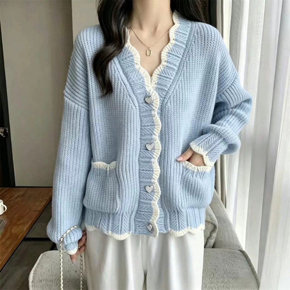 ZARA Fall Winter Korean Sweet Colorblock Knit Cardigan Short Sleeve Loose Fit